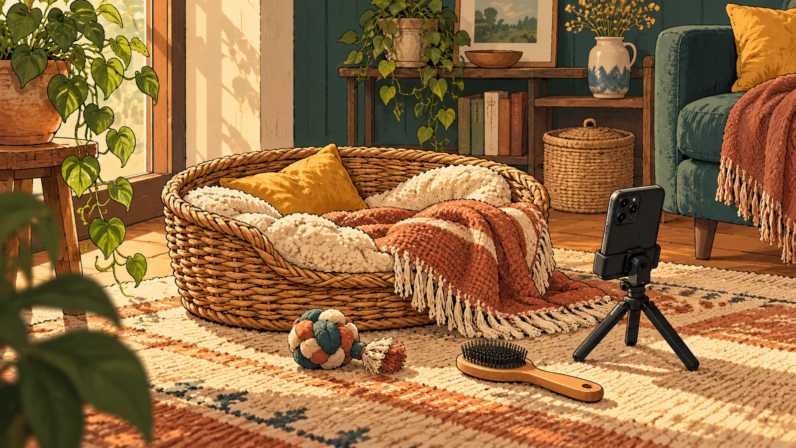 Warm comic illustration of a wicker pet basket, toys, grooming brush and low phone tripod in a lived-in room